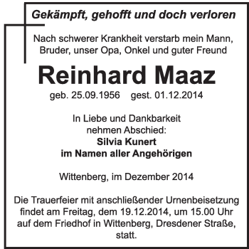 Traueranzeige von Reinhard Maaz von WVG - Wochenspiegel Wittenberg