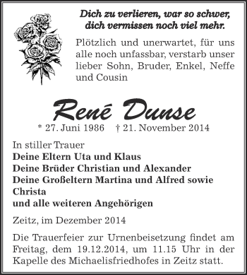 Traueranzeige von René Dunse von Super Sonntag Zeitz