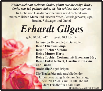 Traueranzeige von Erhardt Gilges von Super Sonntag Quedlinburg