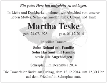 Traueranzeige von Martha Teske von WVG - Wochenspiegel Merseburg