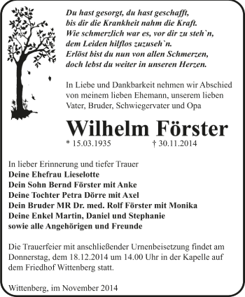 Traueranzeige von Wilhelm Förster von Mitteldeutsche Zeitung