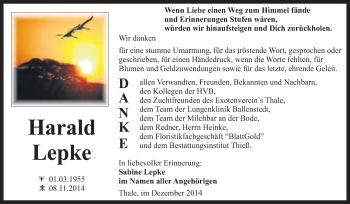 Traueranzeige von Harald Lepke von Super Sonntag Quedlinburg
