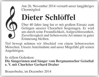 Traueranzeige von Dieter Schlöffel von Super Sonntag Merseburg