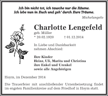 Traueranzeige von Charlotte Lengefeld von Super Sonntag Aschersleben