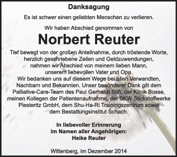 Traueranzeige von Norbert Reuter von Super Sonntag Wittenberg