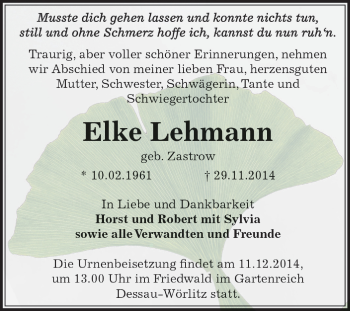 Traueranzeige von Elke Lehmann von WVG - Wochenspiegel Dessau / Köthen