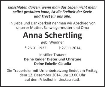 Traueranzeige von Anna Schertling von WVG - Wochenspiegel Halle