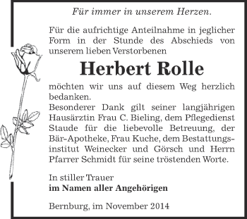 Traueranzeige von Herbert Rolle von Super Sonntag Bernburg