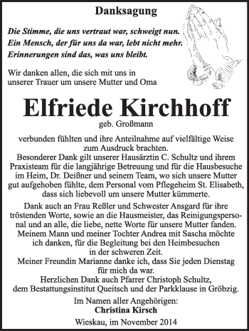 Traueranzeige von Elfriede Kirchhoff von Super Sonntag Dessau / Köthen