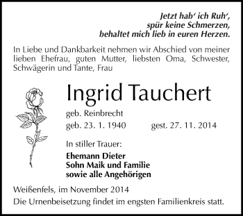 Traueranzeige von Ingrid Tauchert von WVG - Wochenspiegel NMB / WSF / ZTZ