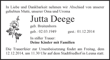 Traueranzeige von Jutta Deege von WVG - Wochenspiegel Merseburg