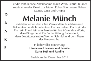 Traueranzeige von Melanie Münch von WVG - Wochenspiegel Quedlinburg