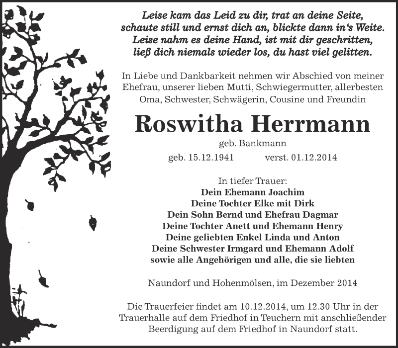  Traueranzeige für Roswitha Herrmann vom 07.12.2014 aus Super Sonntag Zeitz