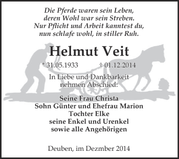 Traueranzeige von Helmut Veit von WVG - Wochenspiegel NMB / WSF / ZTZ