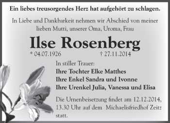 Traueranzeige von Ilse Rosenberg von Super Sonntag Zeitz