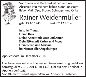 Traueranzeige von Rainer Weidenmüller von WVG - Wochenspiegel Wittenberg