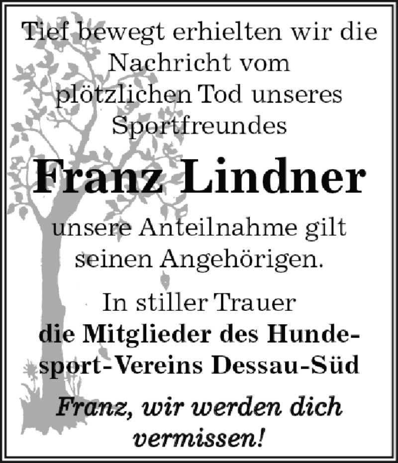  Traueranzeige für Franz Lindner vom 07.12.2014 aus WVG - Wochenspiegel Dessau / Köthen