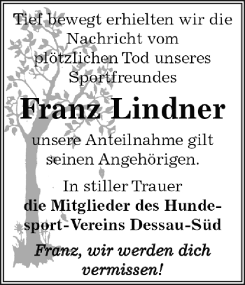 Traueranzeige von Franz Lindner von WVG - Wochenspiegel Dessau / Köthen
