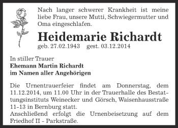 Traueranzeige von Heidemarie Richardt von Super Sonntag Bernburg