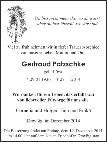 Traueranzeige von Gertraud Patzschke von Super Sonntag Zeitz