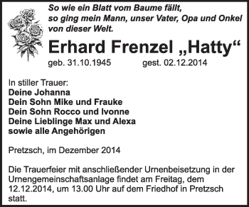 Traueranzeige von Erhard Frenzel von WVG - Wochenspiegel Wittenberg
