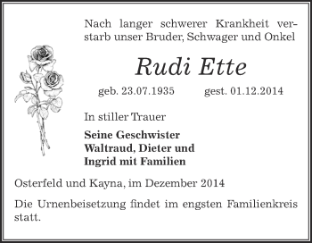 Traueranzeige von Rudi Ette von Super Sonntag Zeitz