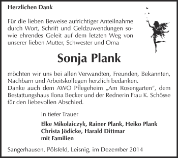Traueranzeige von Sonja Plank von Super Sonntag SGH Mansf. Land