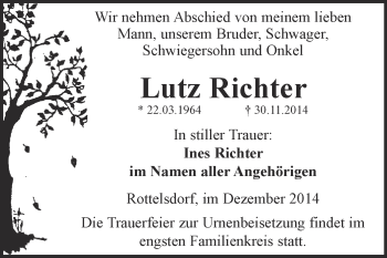 Traueranzeige von Lutz Richter von Wochenspiegel Mansfelder Land