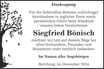 Traueranzeige von Siegfried Bönisch von Super Sonntag Bernburg