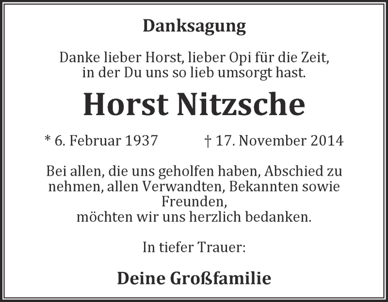  Traueranzeige für Horst Nitzsche vom 10.12.2014 aus WVG - Wochenspiegel NMB / WSF / ZTZ