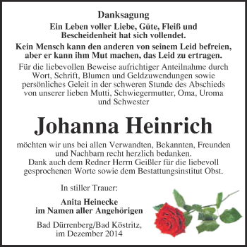 Traueranzeige von Johanna Heinrich von Super Sonntag Merseburg