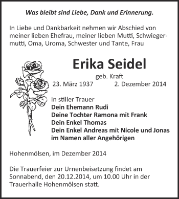 Traueranzeige von Erika Seidel von WVG - Wochenspiegel NMB / WSF / ZTZ