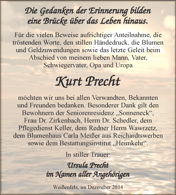 Traueranzeige von Kurt Precht von WVG - Wochenspiegel NMB / WSF / ZTZ