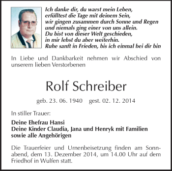 Traueranzeige von Rolf Schreiber von WVG - Wochenspiegel Dessau / Köthen