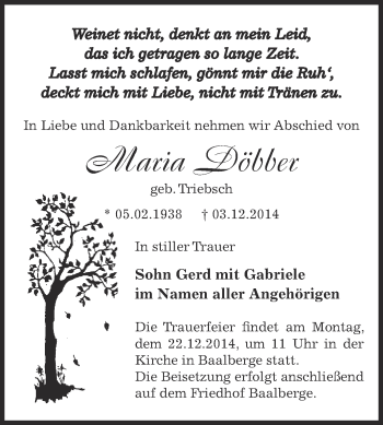 Traueranzeige von Maria Döbber von Super Sonntag Bernburg