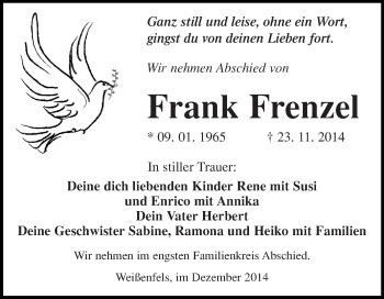 Traueranzeige von Frank Frenzel von WVG - Wochenspiegel NMB / WSF / ZTZ