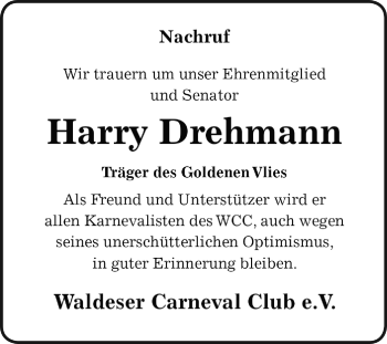 Traueranzeige von Harry Drehmann von WVG - Wochenspiegel Dessau / Köthen