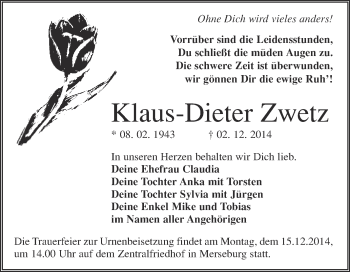 Traueranzeige von Klaus-Dieter Zwetz von WVG - Wochenspiegel Merseburg