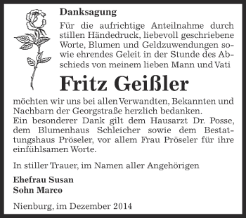 Traueranzeige von Fritz Geißler von Super Sonntag Bernburg