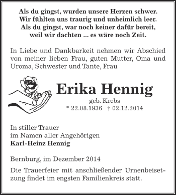 Traueranzeige von Erika Hennig von Super Sonntag Bernburg