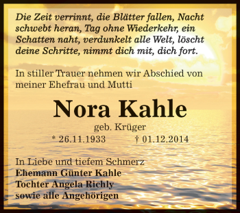 Traueranzeige von Nora Kahle von WVG - Wochenspiegel Dessau / Köthen