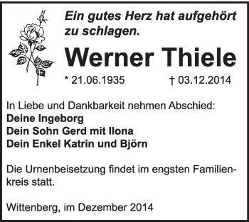 Traueranzeige von Werner Thiele von Super Sonntag Wittenberg