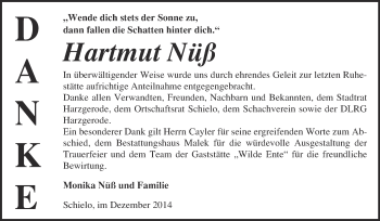 Traueranzeige von Hartmut Nüß von WVG - Wochenspiegel Quedlinburg