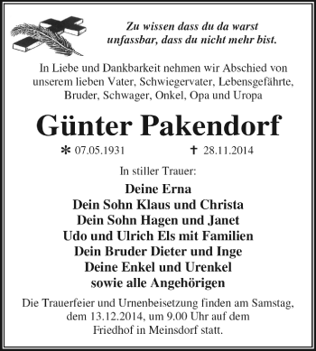 Traueranzeige von Günter Pakendorf von WVG - Wochenspiegel Dessau / Köthen