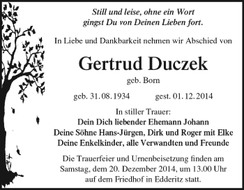 Traueranzeige von Gertrud Duczek von WVG - Wochenspiegel Dessau / Köthen