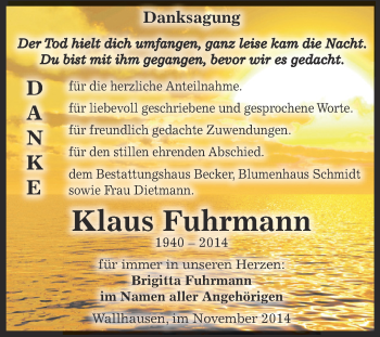 Traueranzeige von Klaus Fuhrmann von Super Sonntag SGH Mansf. Land