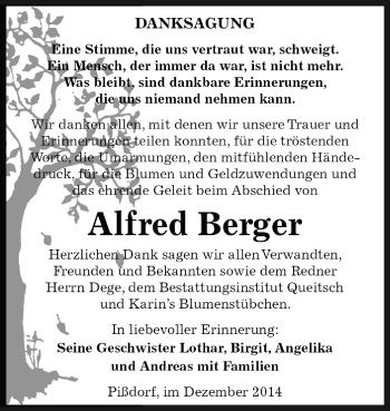 Traueranzeige von Alfred Berger von WVG - Wochenspiegel Dessau / Köthen