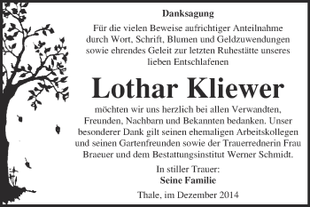 Traueranzeige von Lothar Kliewer von WVG - Wochenspiegel Quedlinburg
