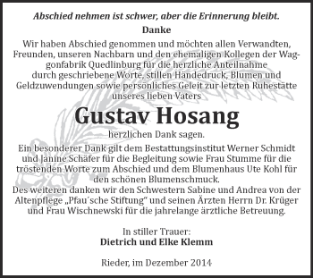 Traueranzeige von Gustav Hosang von WVG - Wochenspiegel Quedlinburg