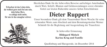 Traueranzeige von Dieter Ruppert von WVG - Wochenspiegel Quedlinburg
